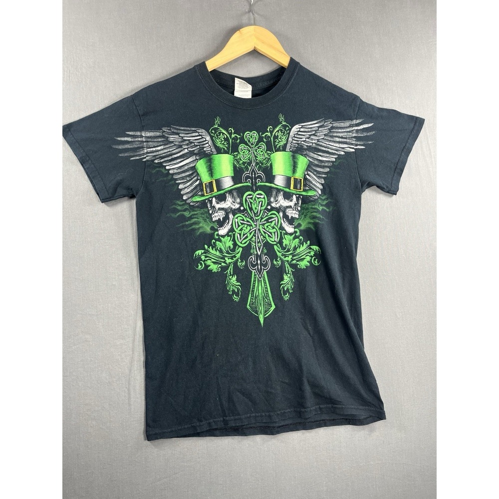 Skeleton Skull Top Hat Clover St Paddys Day Black T-Shirt Men's Size Small